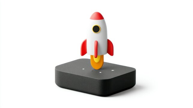 A playful rocket ship launching from a platform ideal for themes of innovation technology an
