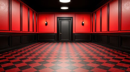 Red and black hallway with checkerboard floor, black door, and red walls. Dramatic lighting and geometric patterns create a mysterious atmosphere.