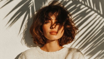 Young woman with brown hair basking in sunlight. Palm leaf shadows fall on her face and cream-colored sweater.