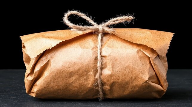 A rustic brown paper parcel tied with twine sits on a dark surface. The package is simply wrapped, suggesting a homemade or handcrafted gift. The lighting emphasizes texture and simplicity.