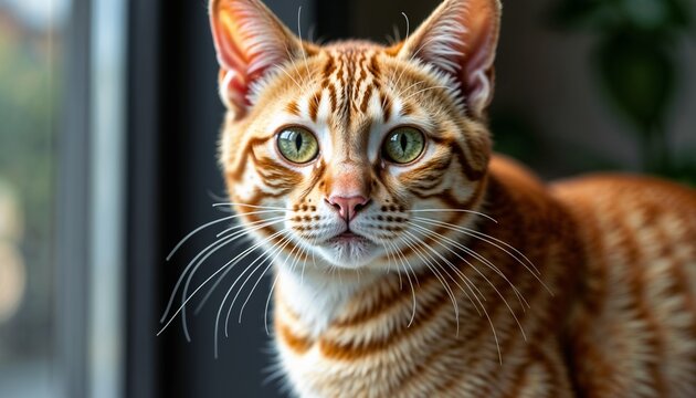 Close-up portrait of a curious Bengal cat with striking green eyes