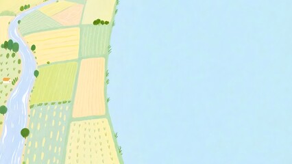 Pastoral Countryside Aerial View Featuring Agricultural Fields River and Serene Blue Waters Under a Soft Natural Light