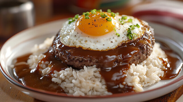 A classic Loco Moco: white rice topped with a juicy hamburger patty, rich brown gravy, and a sunny-side-up fried egg, garnished with green onions.