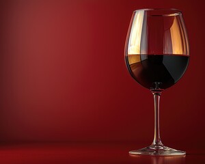 Elegant red wine glass on a smooth surface with a rich red background