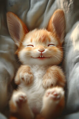 Cute baby bunny resting peacefully on a soft fabric surface