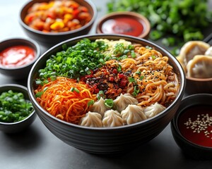 Colorful Asian Noodle Dish with Dumplings