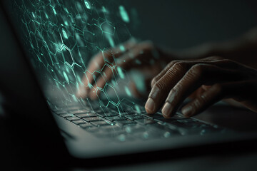 Close-up of hands typing on laptop keyboard, teal digital network overlay represents data flow, showcasing online connectivity and digital interaction