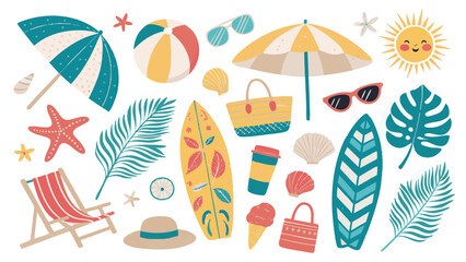 Fun Flat Illustrations of Colorful Beach Items in Tropical Tones for Summer Websites and Products