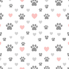 Minimalist Pattern Design with Pastel Colors, Dark Gray Paw Prints, Hearts on White, Modern Style
