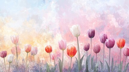 Obraz premium Pastel tulips in a dreamy sunset landscape painting.