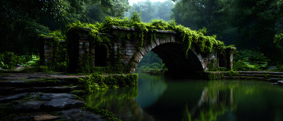 Ancient Stone Bridge: Moss-Covered Arch, Calm Water Reflection, and Lush Greenery