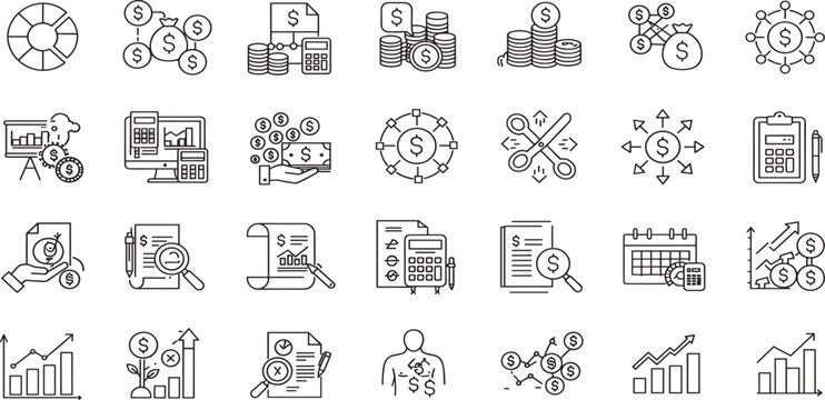 Budget Line Editable Icons set. Vector illustration in modern thin line style of finance related icons: accounting, bookkeeping, distribution, and more.