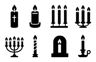 Obraz premium Set of black candle icons: candlestick, menorah, flame designs
