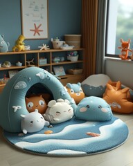 Playful, cozy play area with soft, decorative elements.  A child's den or imaginative play space, featuring a round rug, a teepee, and soft animal-shaped pillows