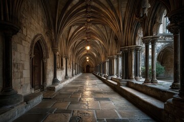 Obraz premium Ancient stone hallway with arched ceilings and columns. A peaceful, contemplative atmosphere.