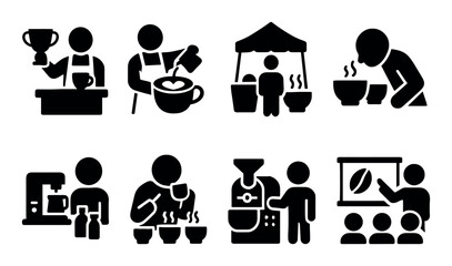 Coffee brewing icons: barista, tasting, brewing, equipment, education