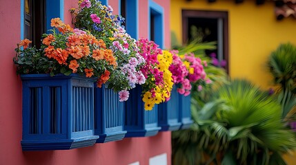 Fototapeta premium Colorful flower boxes on vibrant building