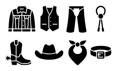 Cowboy clothing icons set: jacket, boots, hat, belt, chaps