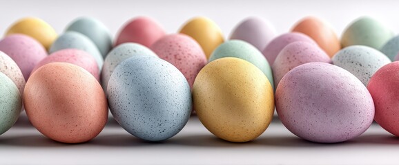 Obraz premium Pastel-colored speckled eggs arranged in a row. Perfect for Easter!