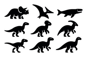 Silhouette set of various dinosaurs and prehistoric creatures