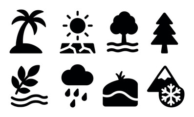 Silhouette nature icons: trees, sun, mountain, rain, palm