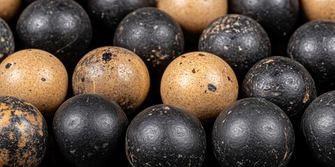 Close-up of a collection of mottled, dark and light colored balls