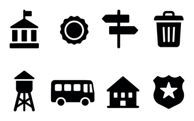 Obraz premium Set of eight black icons including bus, house, and trash can