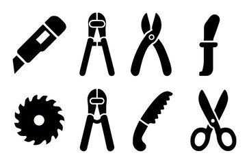 Silhouette icons of common hand tools in black and white