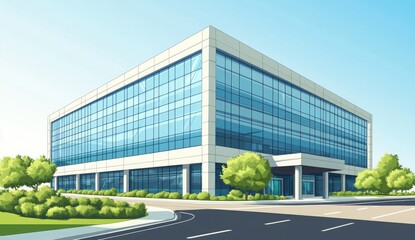 Obraz premium Modern Office Building with Blue Windows, Trees, Road and Sky in Anime Style