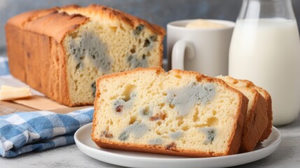 Moldy Loaf Bread Slices Served with Milk and Coffee Cup on White Plate and Blue Checkered Cloth