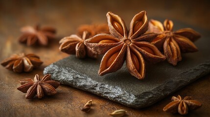 Close-up of star anise on a dark stone slab.
