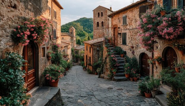 Charming stone street, overflowing with flowers. A picturesque European village scene. - Powered by Adobe
