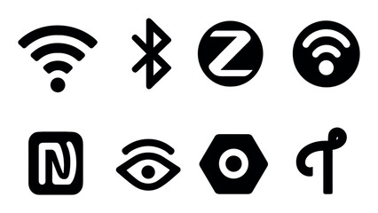 Black icon set featuring wireless technology symbols and logos