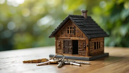 Dream Home: A miniature wooden house and keys symbolize homeownership, standing on a wooden surface, creating a cozy, hopeful, and inviting visual experience. 