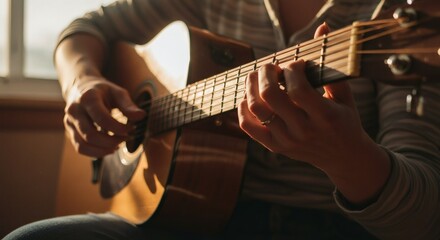 Obraz premium Close-Up Hands Playing Acoustic Guitar with Sunlight Background Demonstrating Musical Instrument Passion and Talent and Entertainment and Hobby in Studio for Leisure and Music
