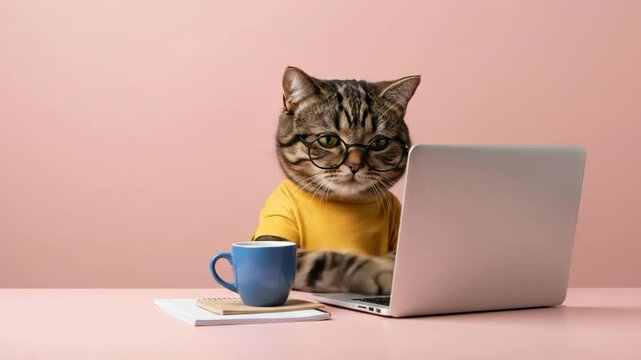 Funny tabby cat wearing glasses working on laptop at pink desk with coffee mug against studio pink background. Cute cat typing on computer. International Cat Day. Cat working creative humor video.