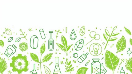 Green science and research vector illustration featuring icons for environmental studies, eco-friendly molecular sciences, biotechnology, microbiology, biochemistry, plant analysis, ecology, and STEM