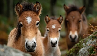 Fototapeta premium Three adorable foals in a forest setting. The chestnut coat of the young horses stands out against the muted green and brown background.