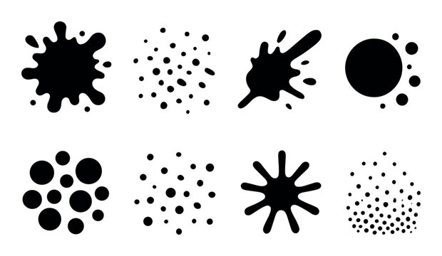 Set of eight black ink splatter and dot patterns in various shapes