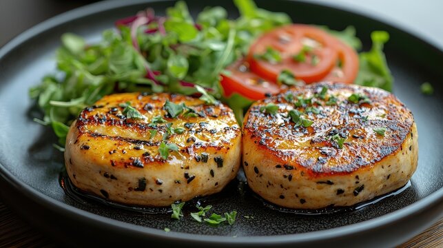 Two grilled fish patties served with a side salad.
