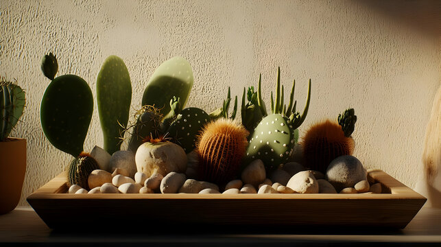 Succulent arrangement in a light wooden tray.  Various cactus and other desert plants, including pricky pear,  on white stones.  Warm sunlight highlights the greenery