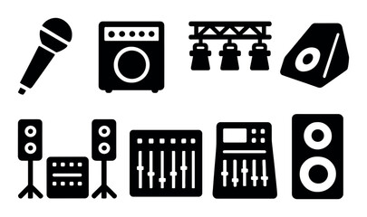 Concert equipment icons: microphone, speakers, mixer, lights