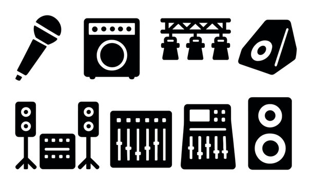 Concert equipment icons: microphone, speakers, mixer, lights