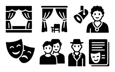 Fototapeta premium Theater icons set: curtains, spotlight, masks, performer, audience