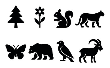Silhouette icons: trees, flowers, animals, birds, and insects in black design