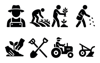 Farming icons: planting, tractor, tools, farmer in overalls