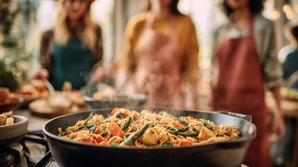 Close-up of steaming pasta dish with vegetables in a pan, blurred background shows people cooking, suggesting a cooking class or food preparation scene