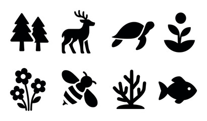Nature icons: trees, deer, turtle, plant, flowers, bee, coral, fish