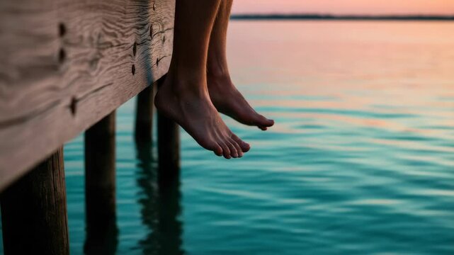 Person relaxing feet dangling over water, wooden dock, peaceful sunset, summer vacation