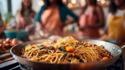 Close-up of steaming pasta dish with vegetables in a pan, showing a vibrant and appetizing culinary scene, suggesting togetherness and a shared meal